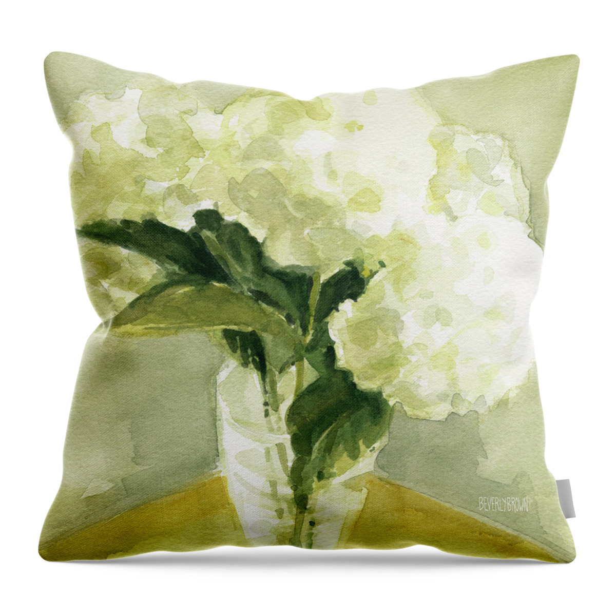 Floral Throw Pillow featuring the painting White Hydrangeas Morning Light by Beverly Brown