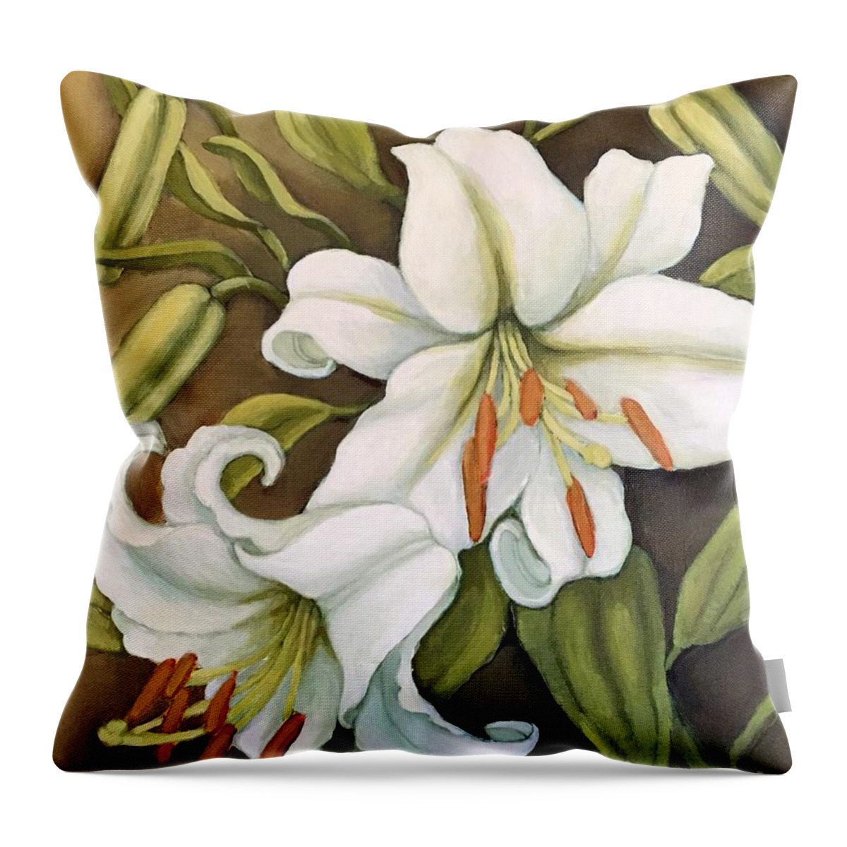 Floral Throw Pillow featuring the painting White Lilies by Inese Poga
