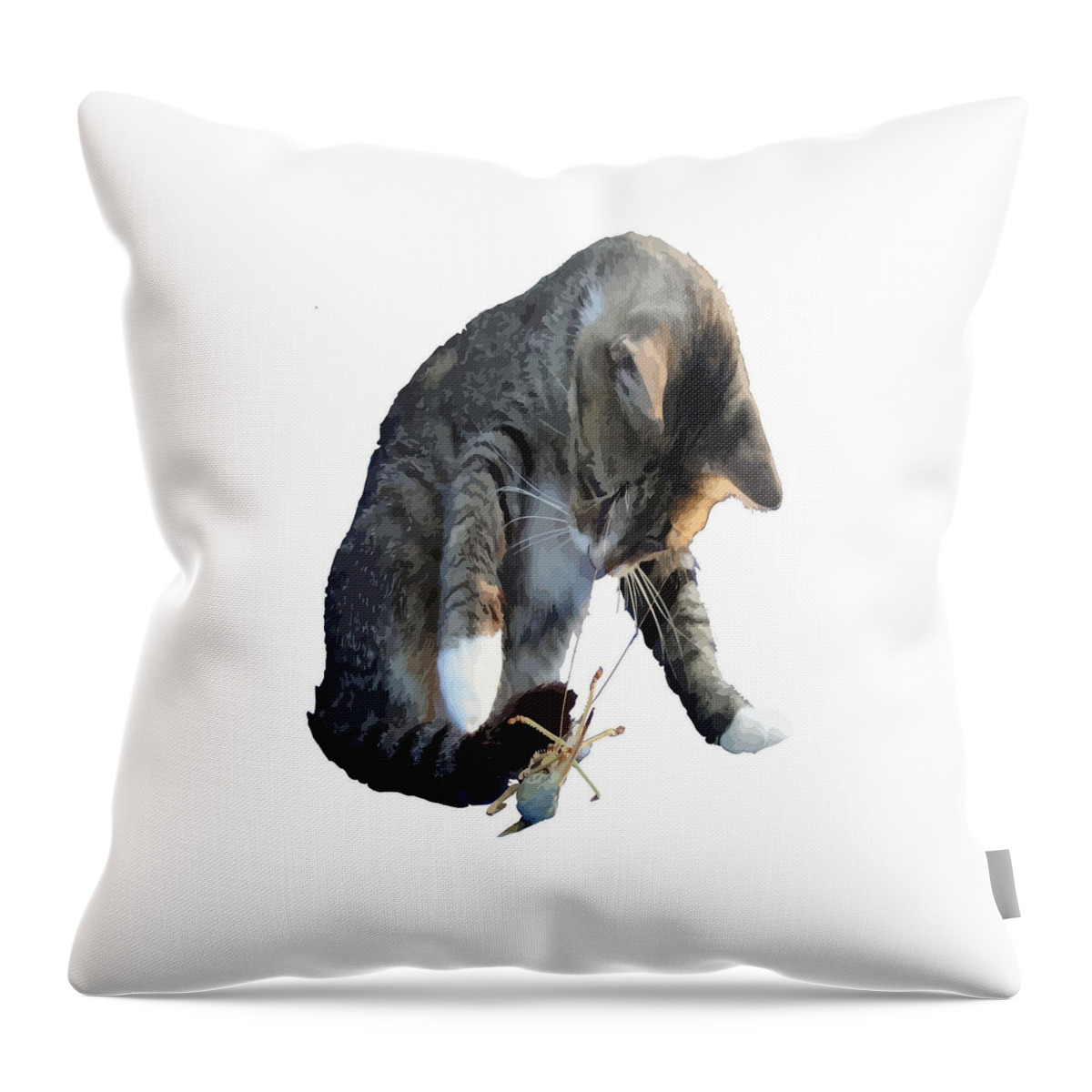Tabby Cat Throw Pillow featuring the photograph White Pawed Tabby Cat Playing With Winged Insect by Taiche Acrylic Art