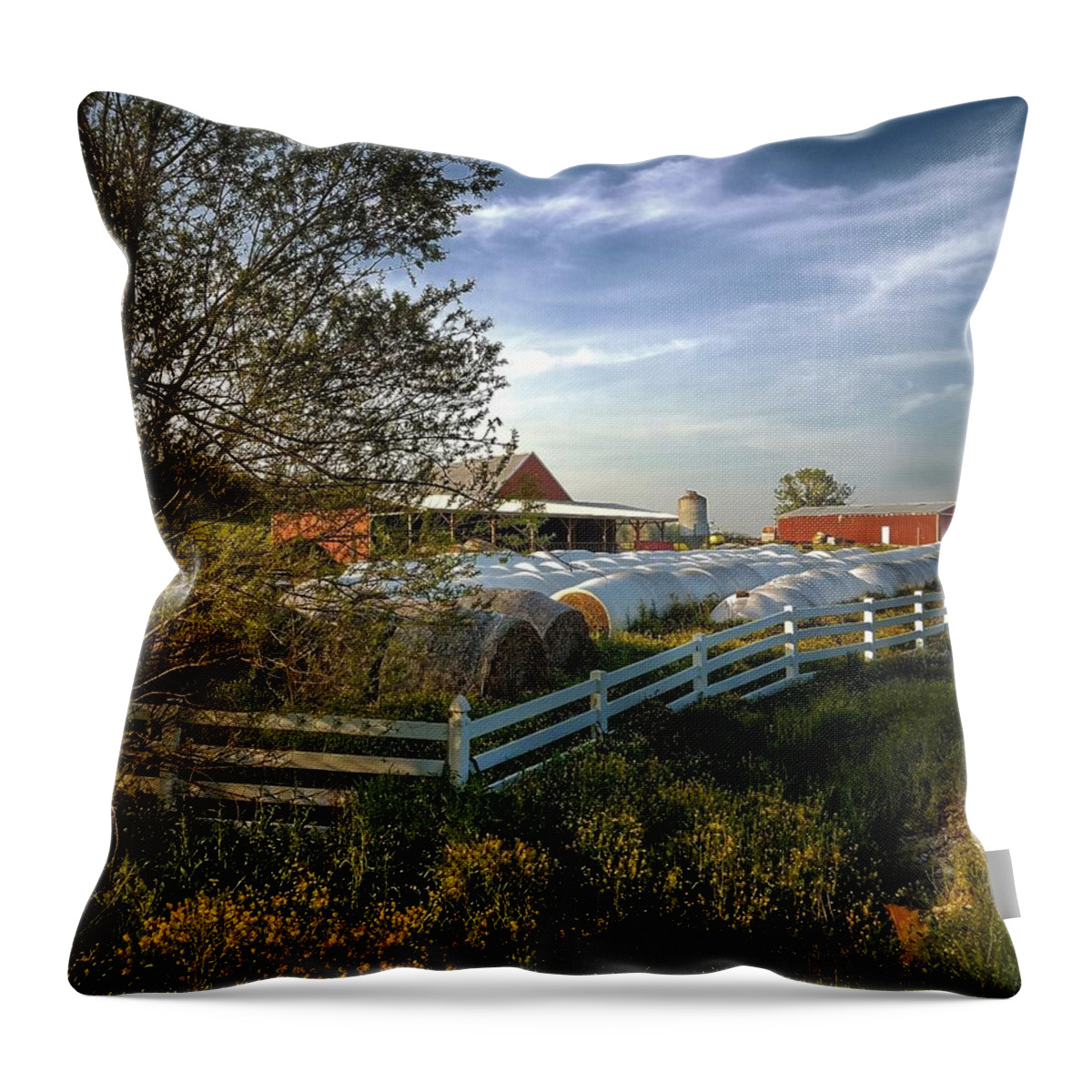 Landscape Throw Pillow featuring the photograph White Picket Fence Farm by Angela Comperry