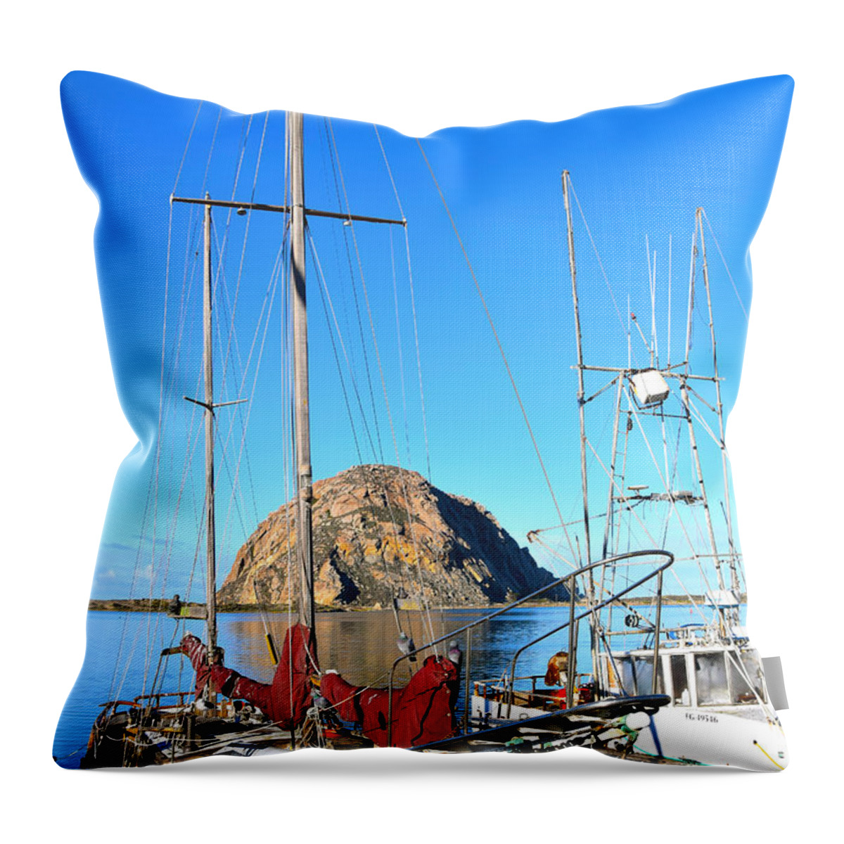 White Sail Boat Morro Rock Throw Pillow featuring the painting White Sail Boat Morro Rock by Barbara Snyder