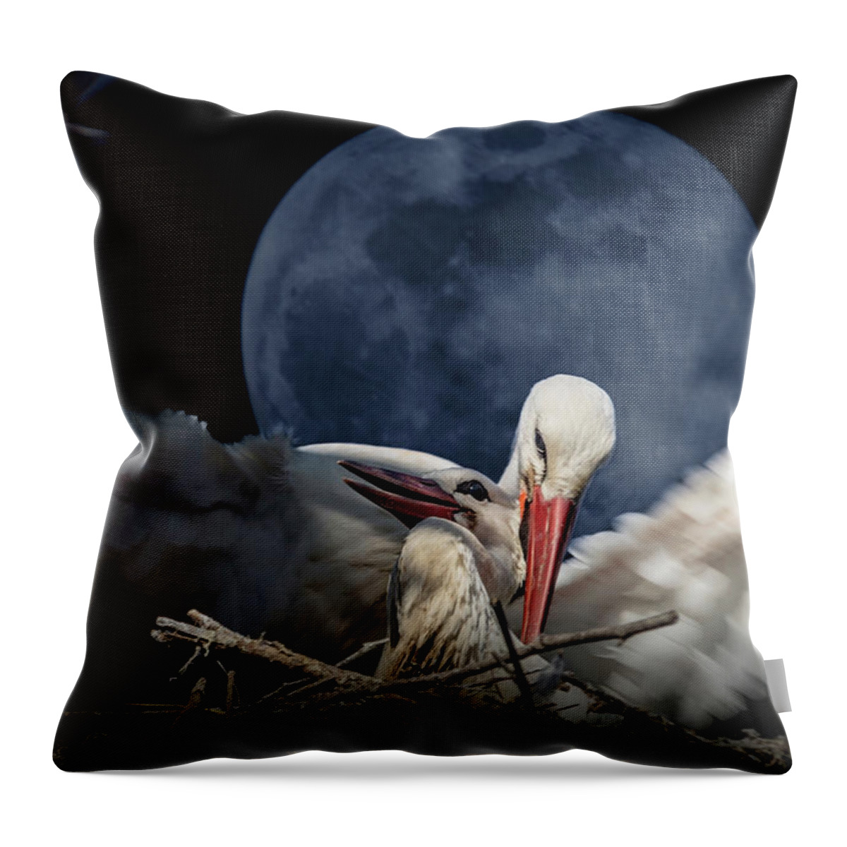 Composite Throw Pillow featuring the digital art White Storks of Fagagna with full moon by Wolfgang Stocker