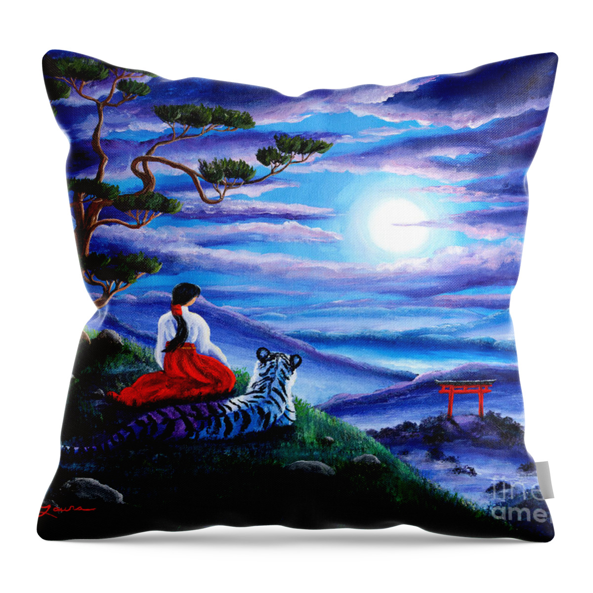 Japanese Throw Pillow featuring the painting White Tiger Meditation by Laura Iverson