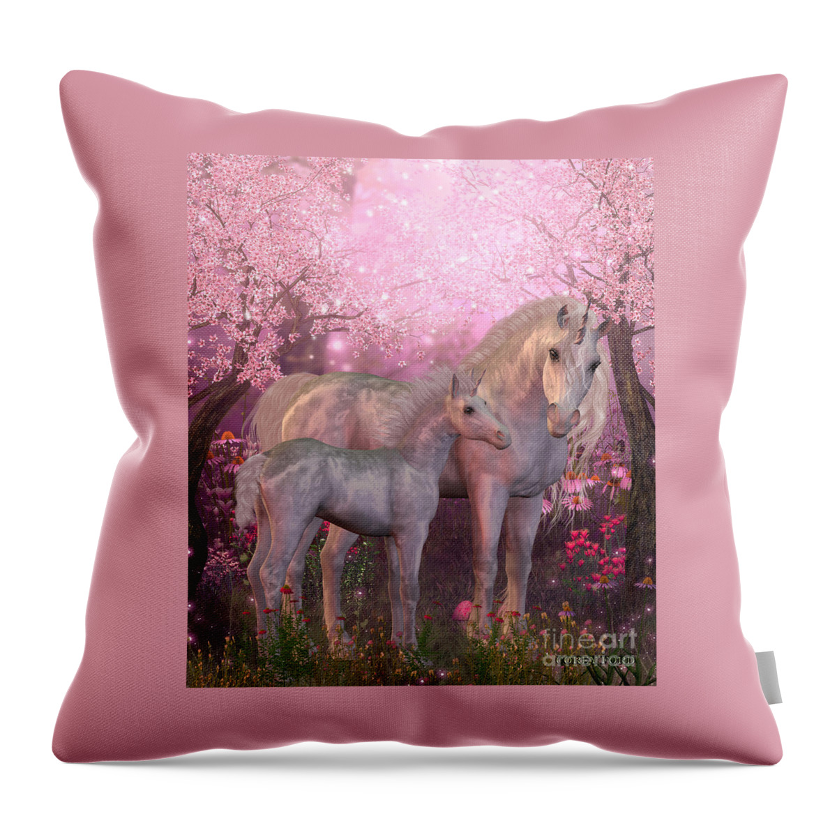 Unicorn Throw Pillow featuring the painting White Unicorn Mare and Foal by Corey Ford