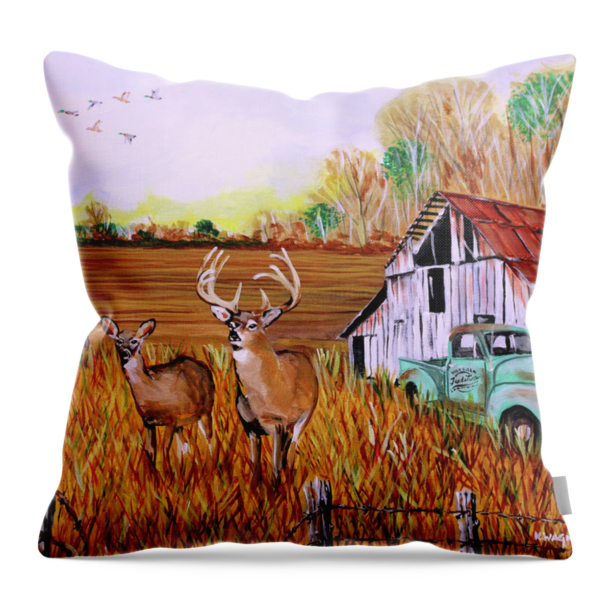 Whitetail Deer Throw Pillow featuring the painting Whitetail deer with Truck and Barn by Karl Wagner