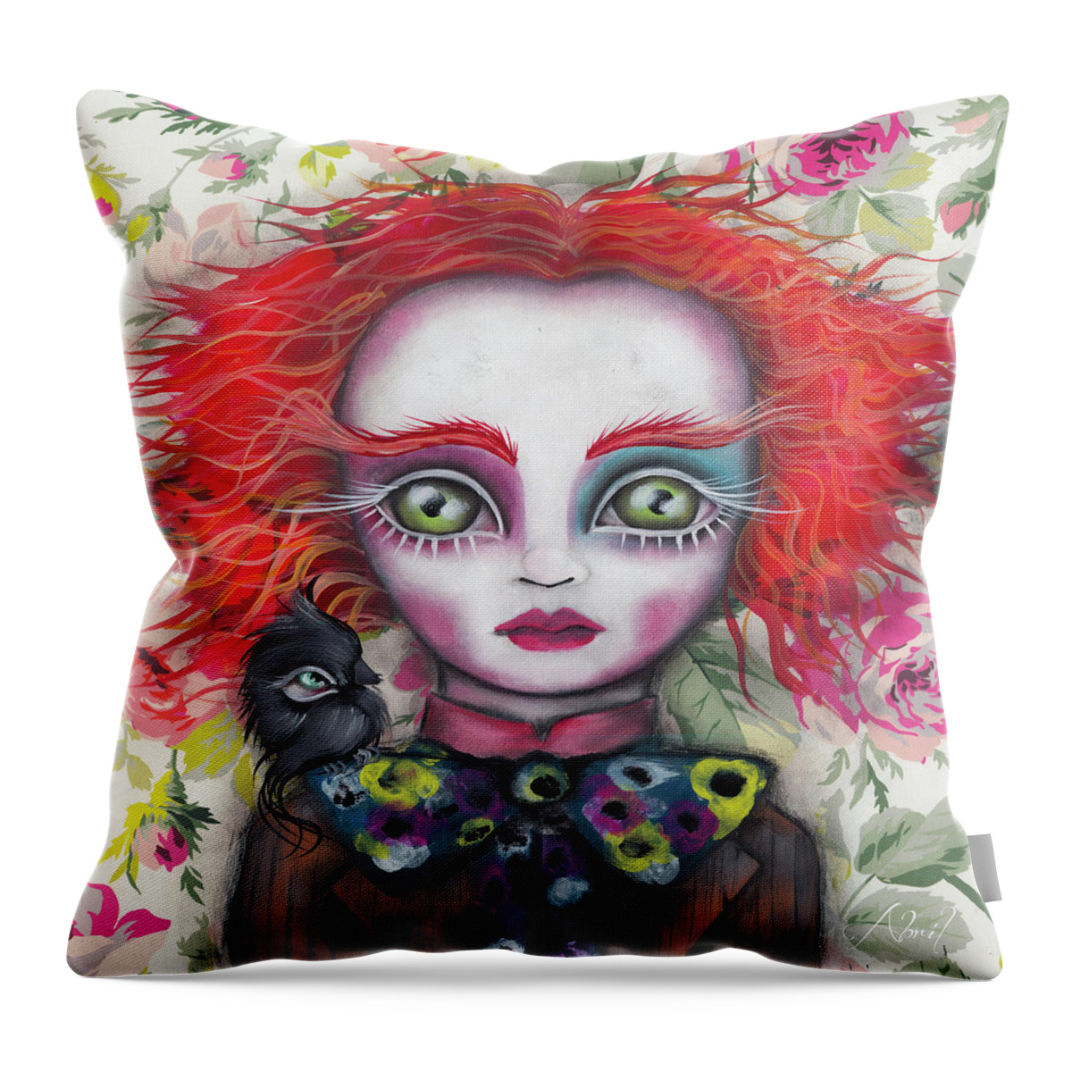 Mad Hatter Throw Pillow featuring the painting Why is a Raven like a Writing Desk? by Abril Andrade