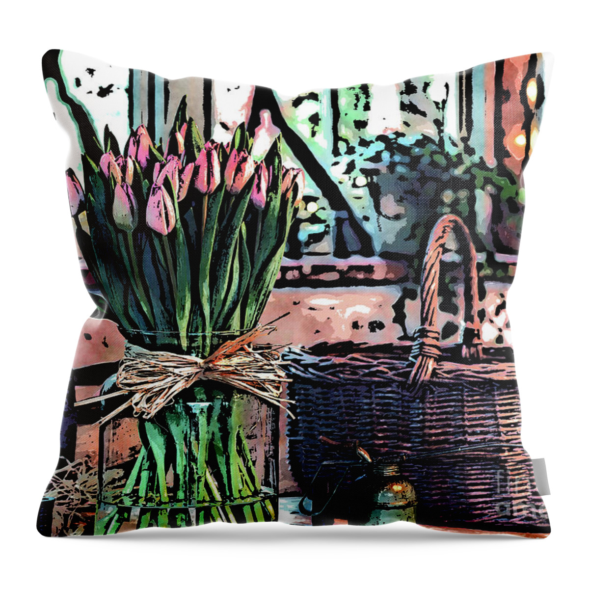 Wicker Basket Throw Pillow featuring the digital art Wicker Basket And Flowers by Phil Perkins