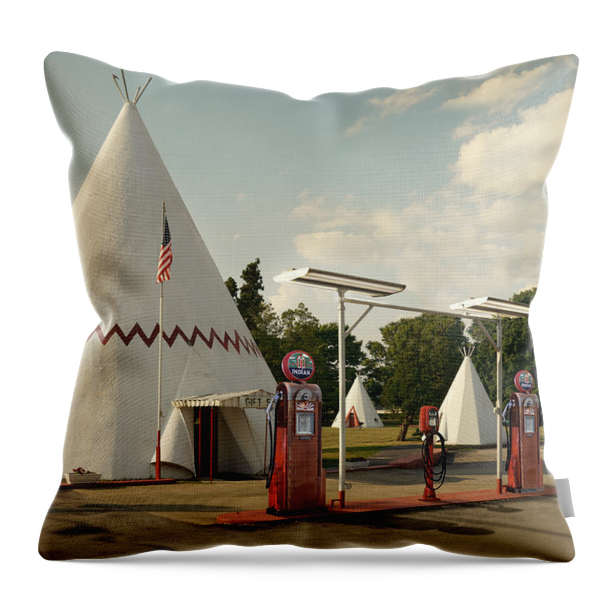 Wig Wam Motel Throw Pillow featuring the photograph Wig Wam Motel and Indian Gasoline Station by Mike McGlothlen