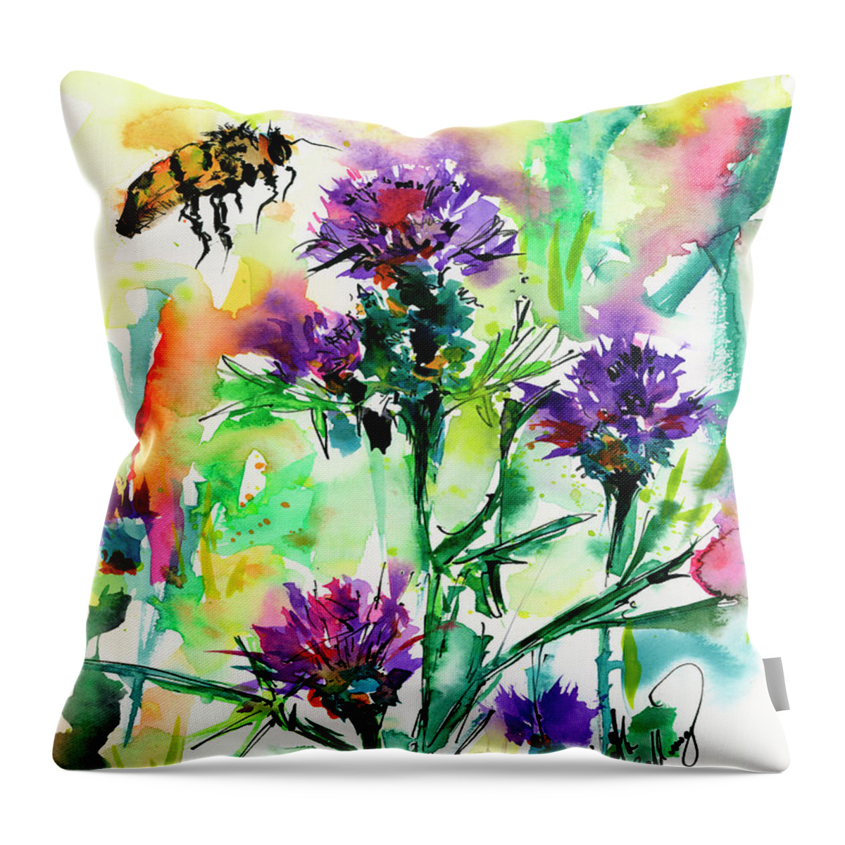 Flowers Throw Pillow featuring the painting Wild Flowers Thistles and Bees by Ginette Callaway