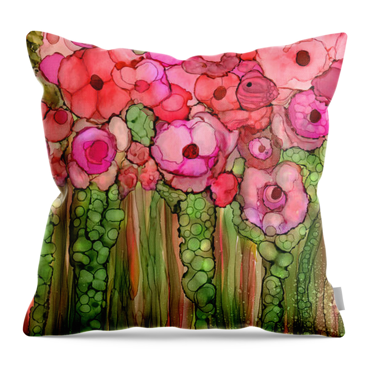 Carol Cavalaris Throw Pillow featuring the mixed media Wild Poppy Garden - Pink by Carol Cavalaris