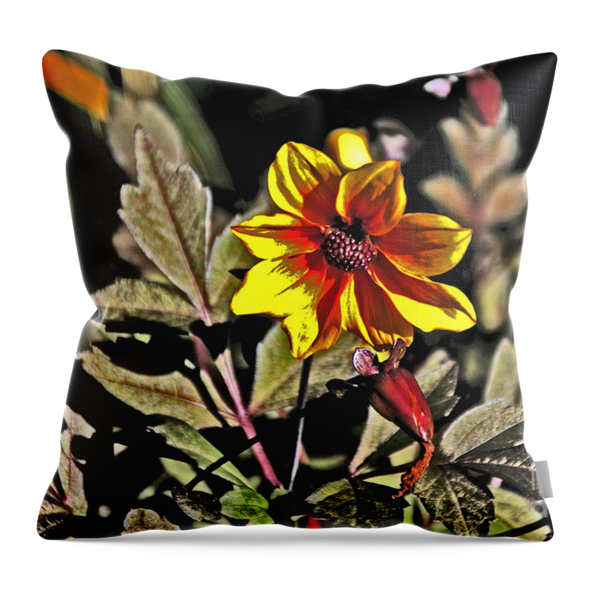  Throw Pillow featuring the photograph Wild Yellow and Red flower with lots of foliage by David Frederick