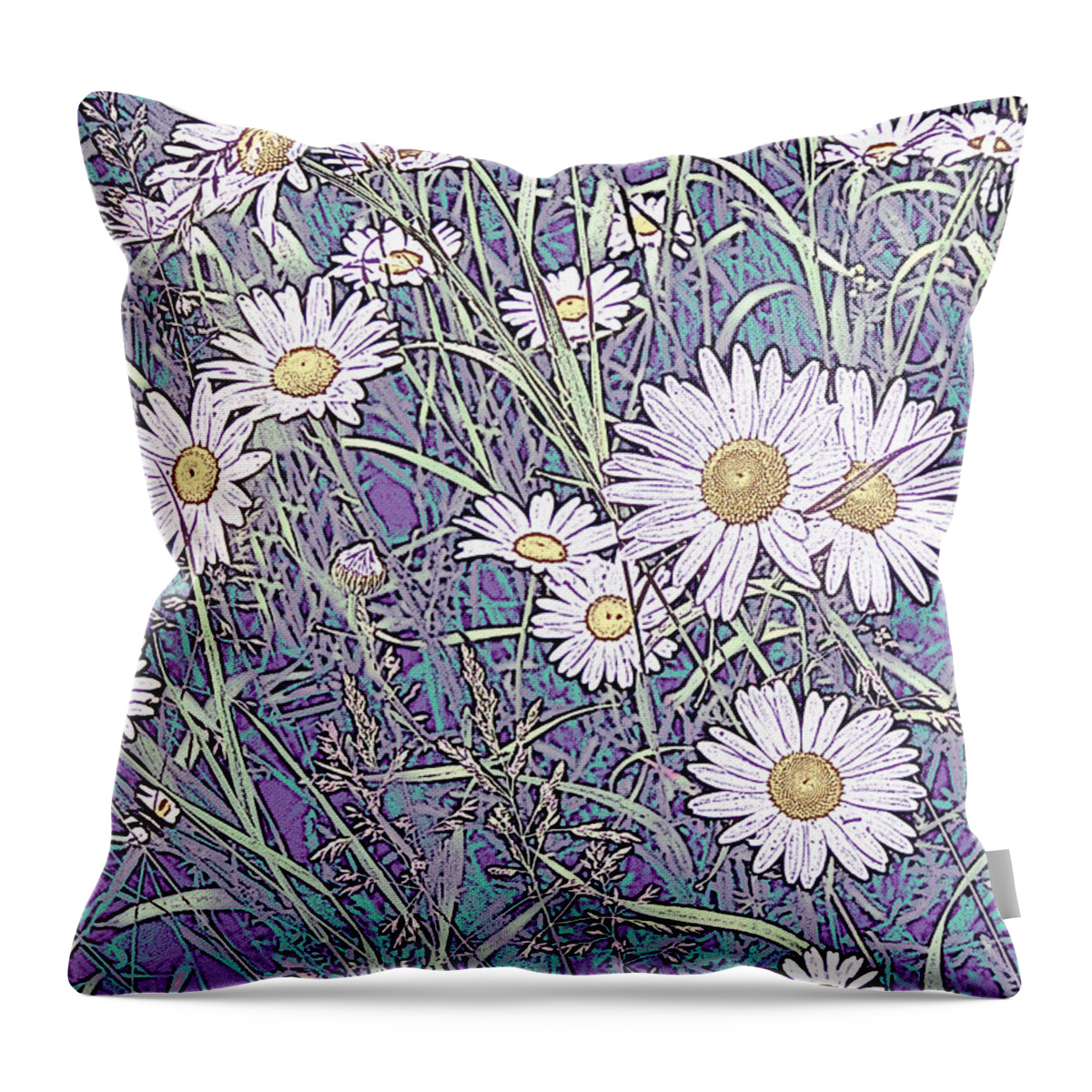 Daisies Throw Pillow featuring the photograph Wildflower Daisies in Field of Purple and Teal by Conni Schaftenaar