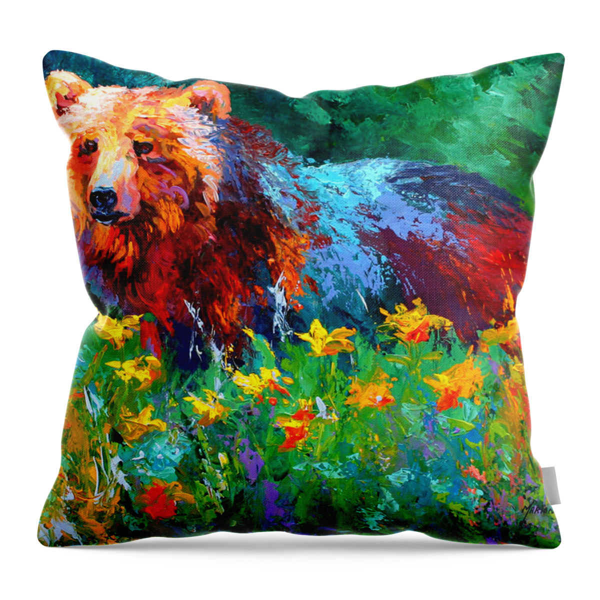 Bear Throw Pillow featuring the painting Wildflower Grizz II by Marion Rose