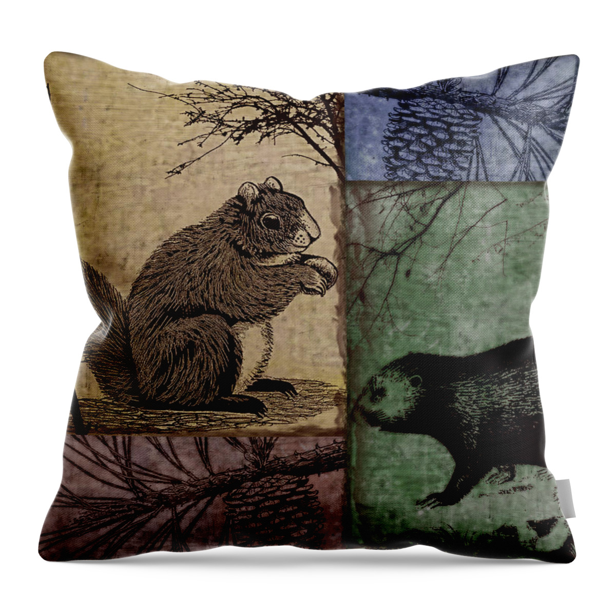 Squirrel Throw Pillow featuring the painting Wildlife Patchwork Squirrel by Mindy Sommers
