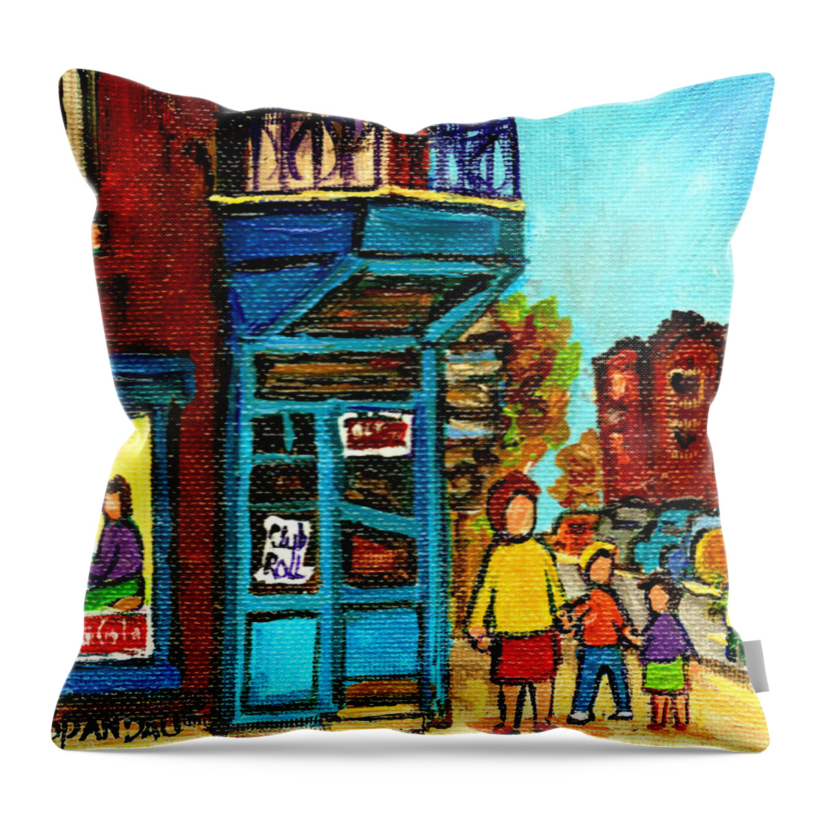 Montreal Throw Pillow featuring the painting Wilensky's Counter With School Bus Montreal Street Scene by Carole Spandau