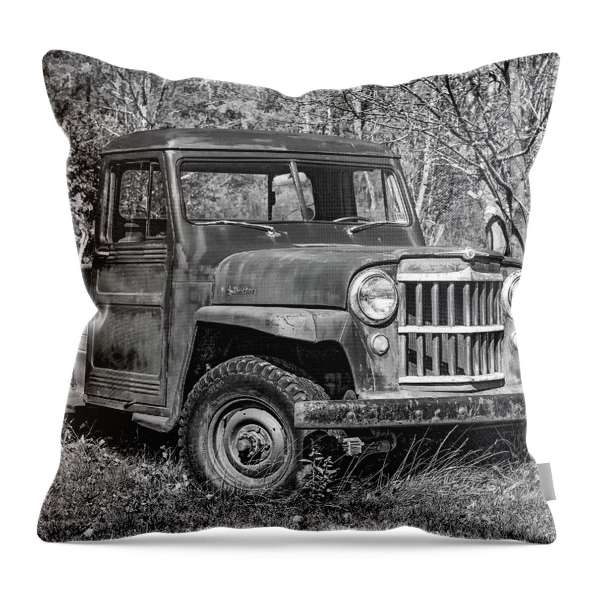 Vehicle Throw Pillow featuring the photograph Willys Jeep Pickup Truck 2 bw by Steve Harrington