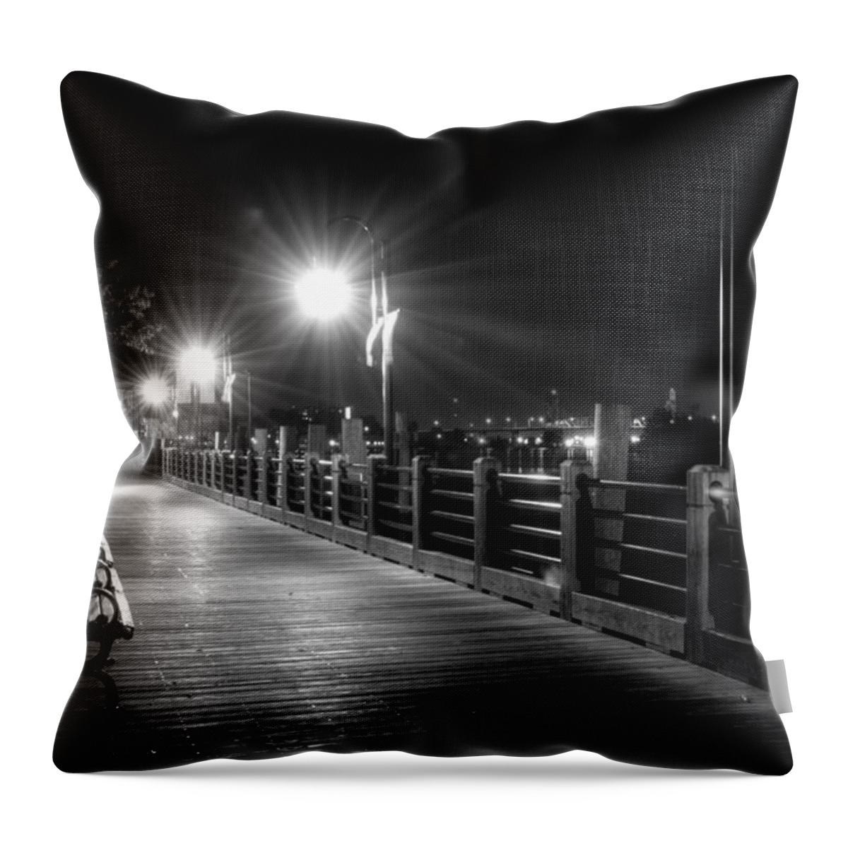 Riverwalk Throw Pillow featuring the photograph Wilmington Riverwalk At Night in Black and White by Greg and Chrystal Mimbs