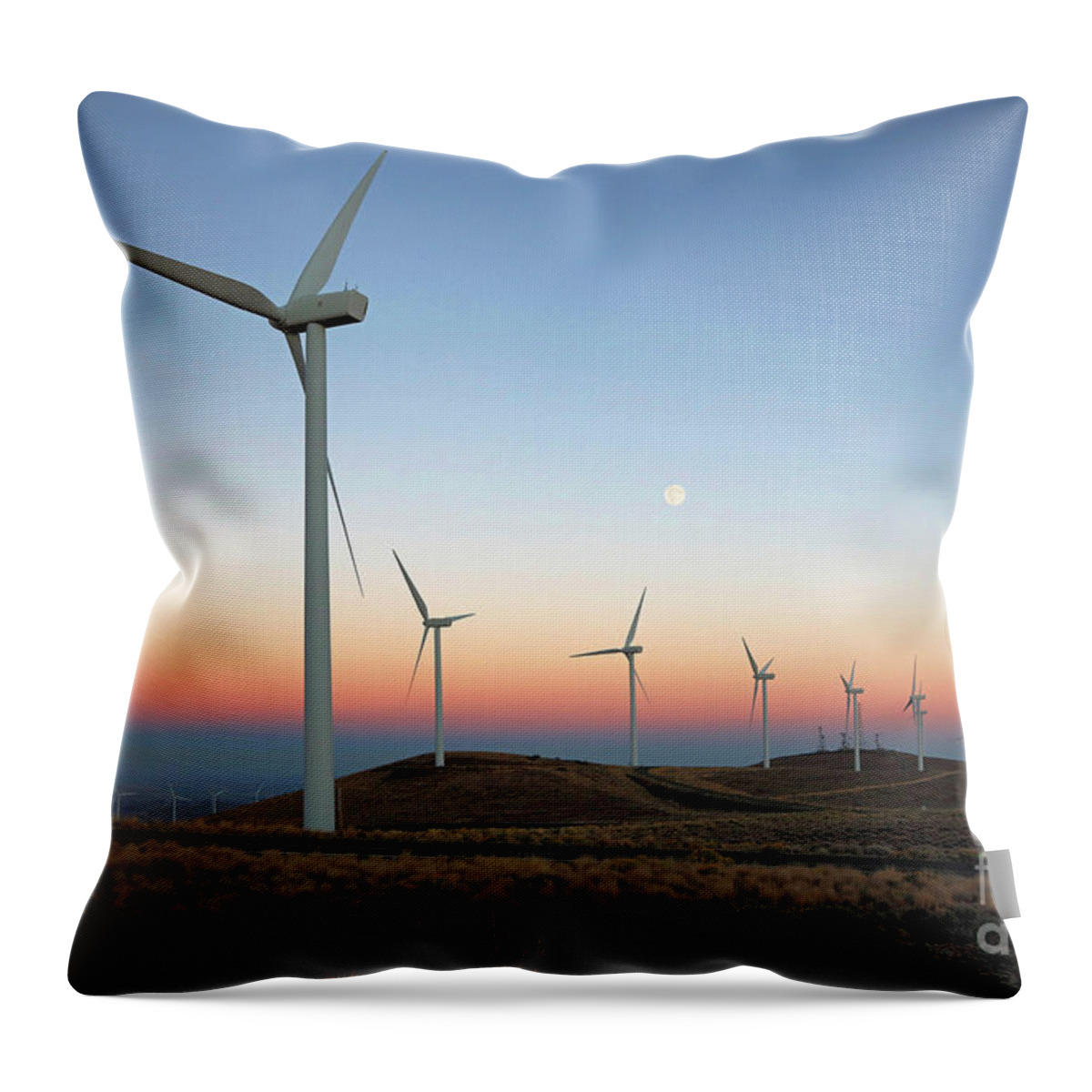 Wind Turbines At Sunset On The Wild Horse Wind And Solar Facility In Ellensburg Throw Pillow featuring the photograph Wind Turbines at Moonrise by Martin Konopacki