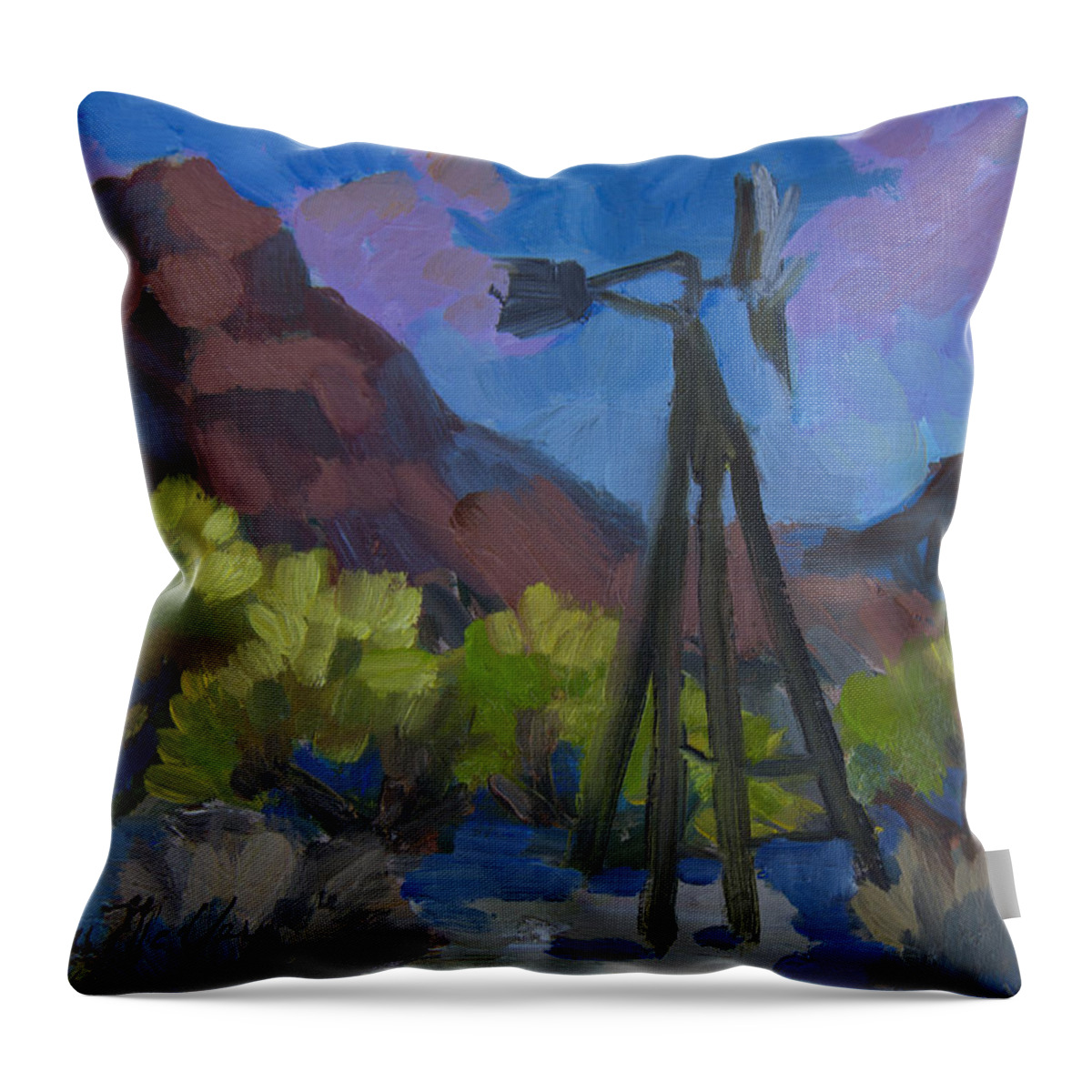Joshua Tree Throw Pillow featuring the painting Windmill at Keys Ranch Joshua Tree by Diane McClary