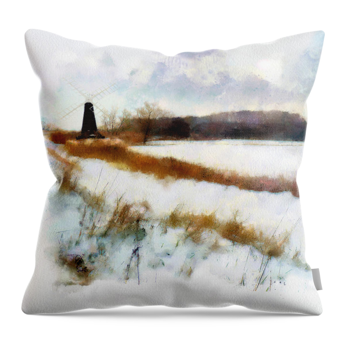 Landscape Throw Pillow featuring the painting Windmill in the snow by Valerie Anne Kelly