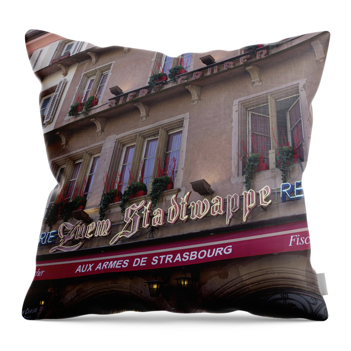 Alsace Throw Pillow featuring the photograph Window Boxes at Zuem Stadtwappe by Teresa Mucha