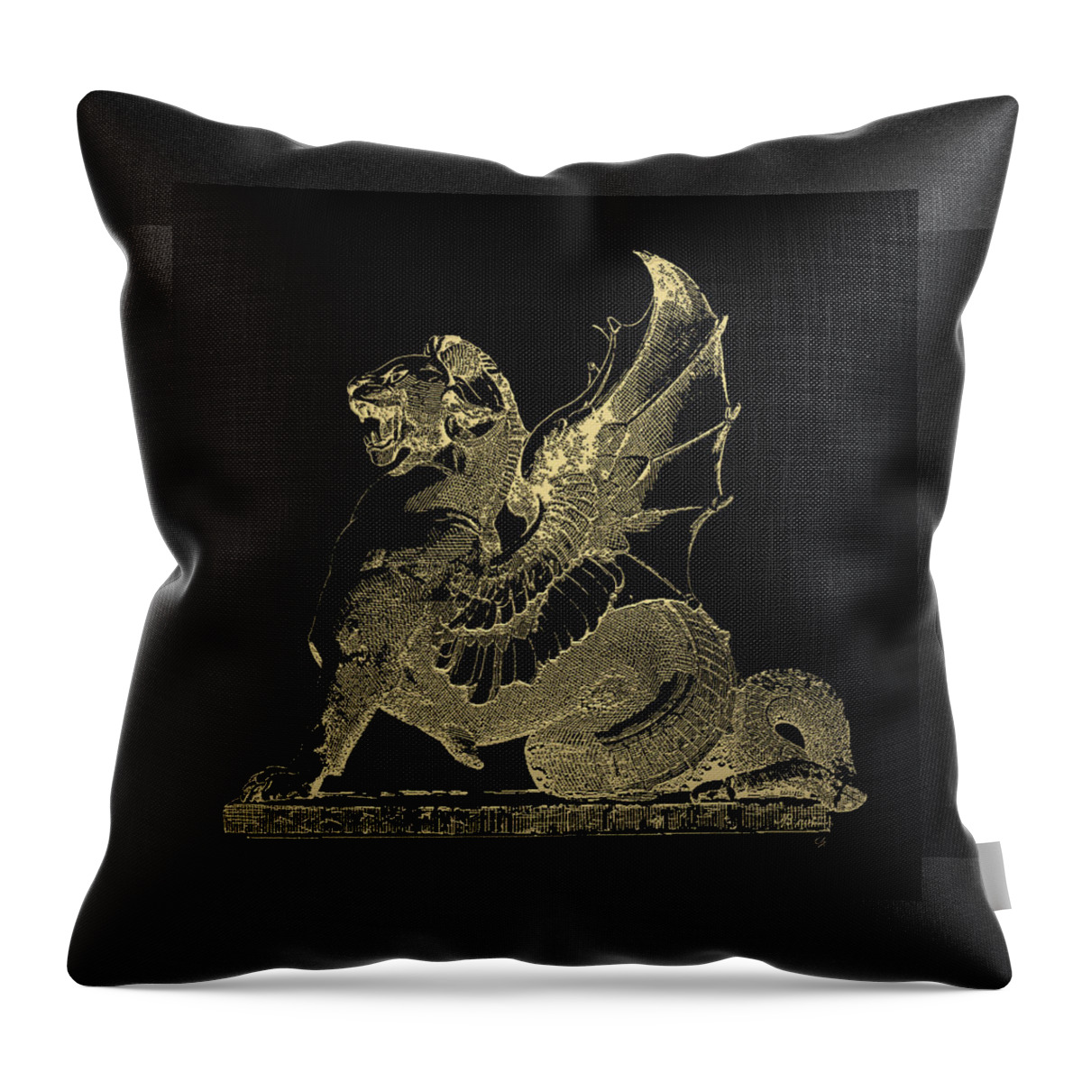 'antique-vintage-retro' Collection By Serge Averbukh Throw Pillow featuring the digital art Winged Dragon Chimera from Fontaine Saint-Michel, Paris in Gold on Black by Serge Averbukh