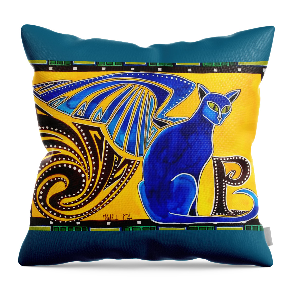 Cat Art Throw Pillow featuring the painting Winged Feline - Cat Art with letter P by Dora Hathazi Mendes by Dora Hathazi Mendes