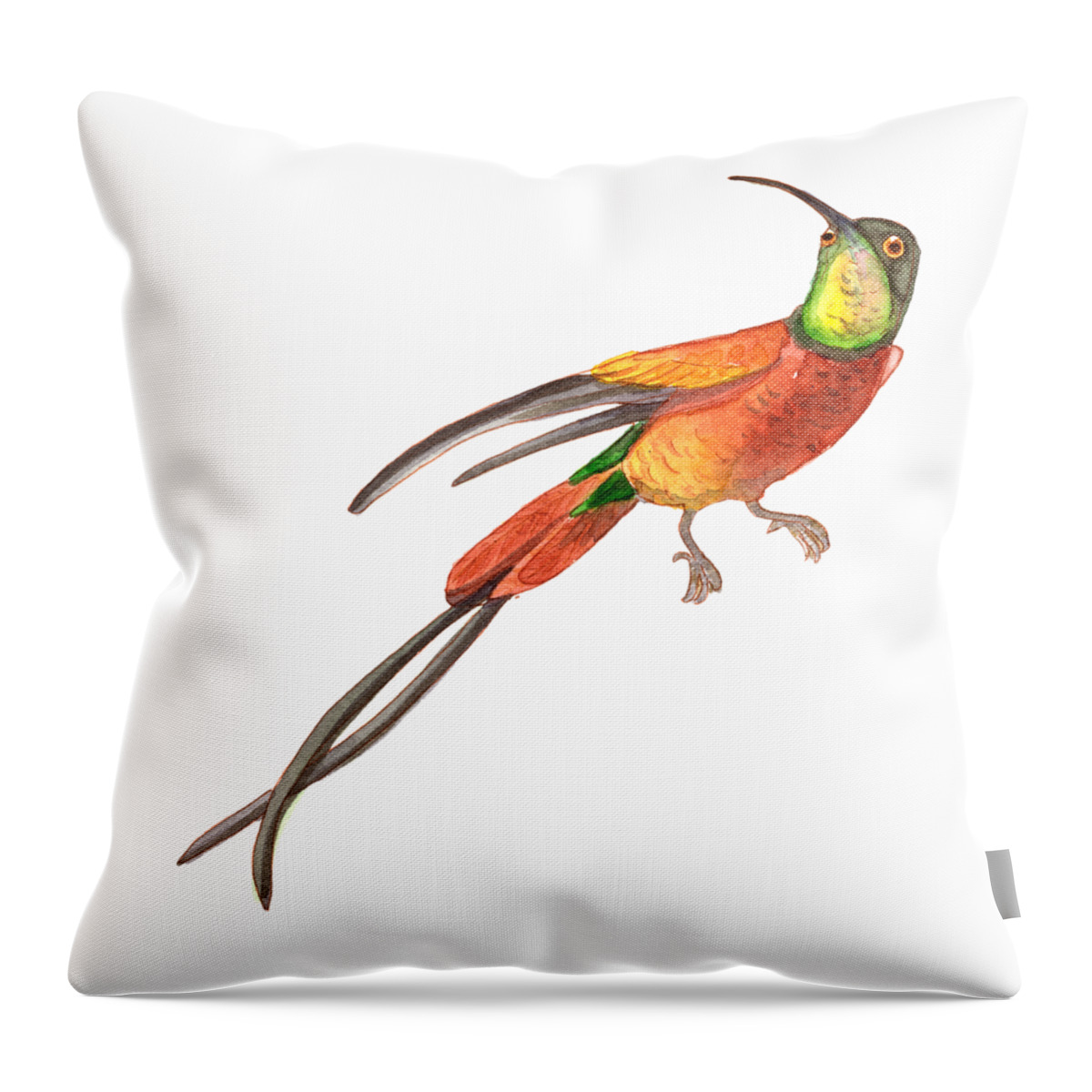 Tropical Throw Pillow featuring the painting Winged Jewel 6, Watercolor Tropical Rainforest Hummingbird Red, Yellow, Orange and Green by Audrey Jeanne Roberts