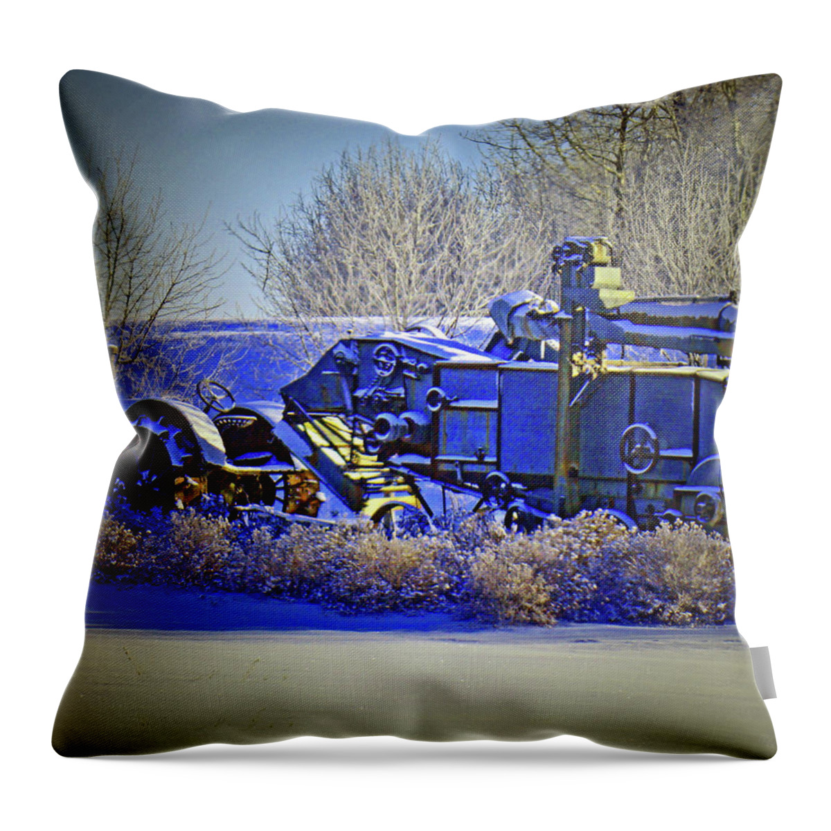 Al Bourassa Throw Pillow featuring the photograph Winter Antique Tractor and Combine by Al Bourassa