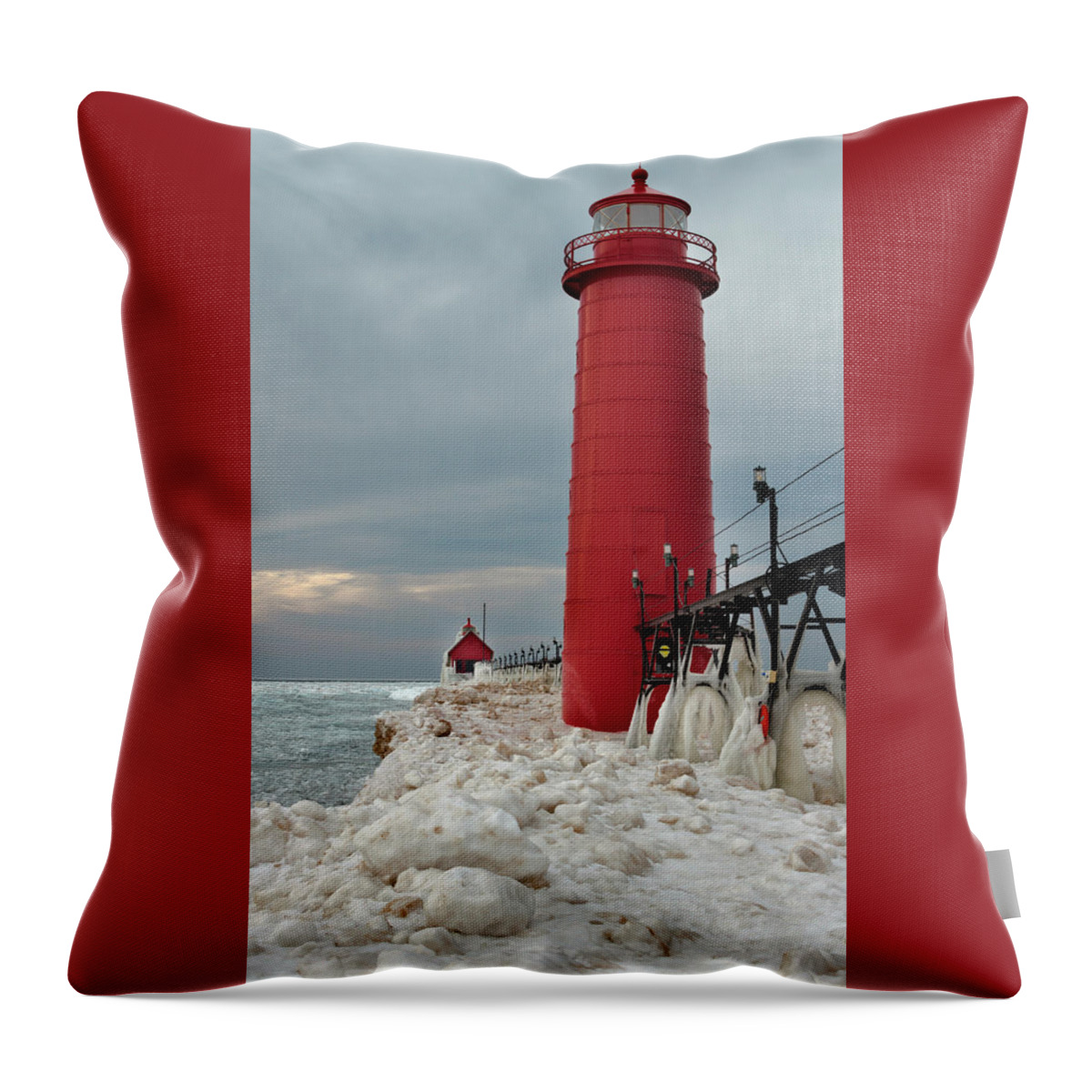Grand Haven Lighthouse Throw Pillow featuring the photograph Winter at Grand Haven Lighthouse by Susan Rissi Tregoning