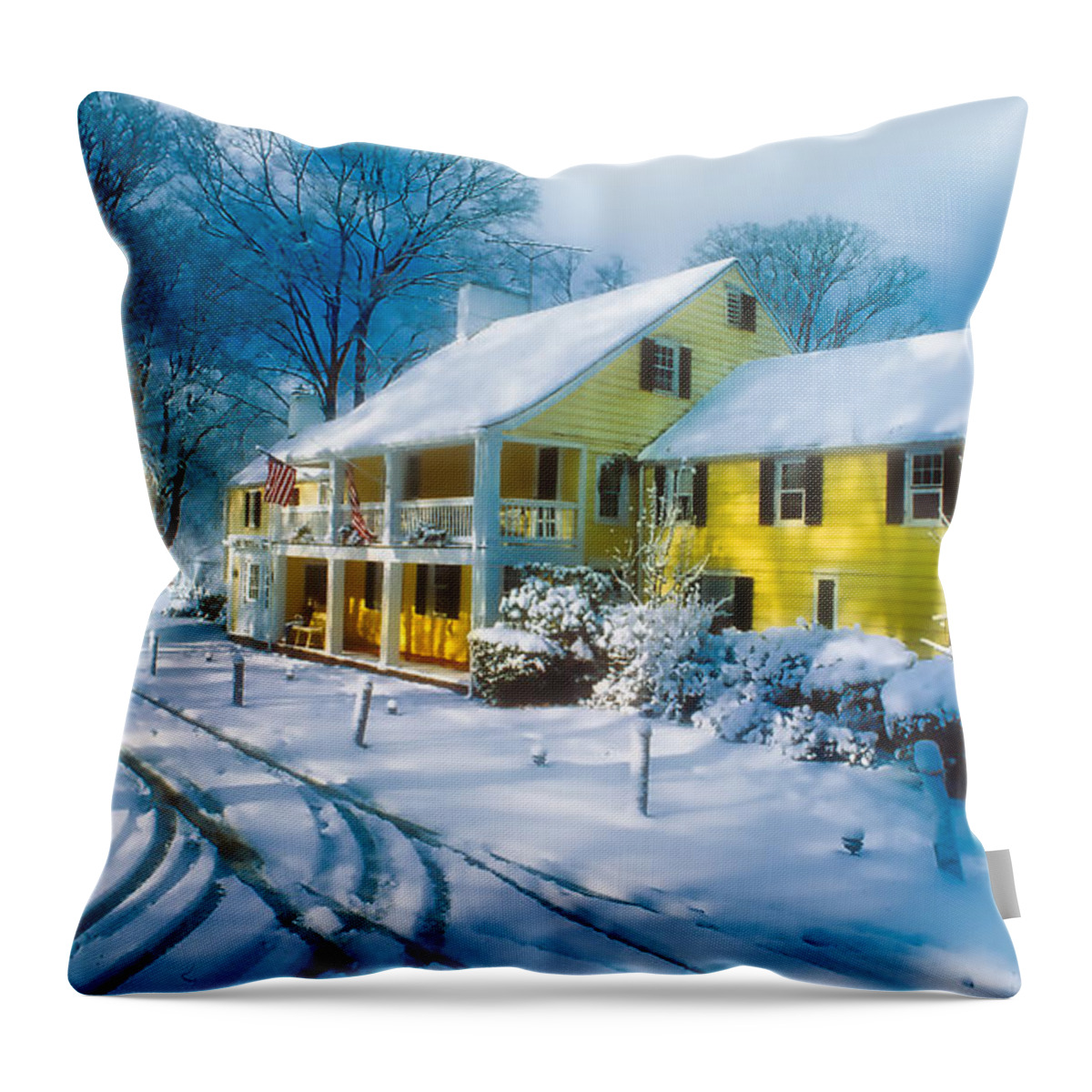 Inn Throw Pillow featuring the photograph Winter at the Inn by Larry Mulvehill
