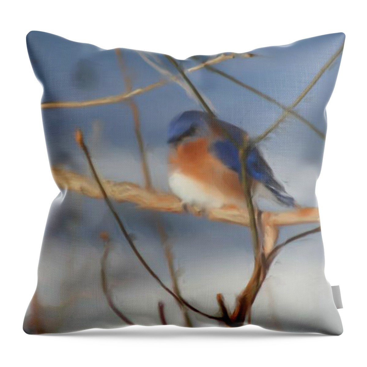 Bluebird Throw Pillow featuring the painting Winter Bluebird Nature Art by Smilin Eyes Treasures