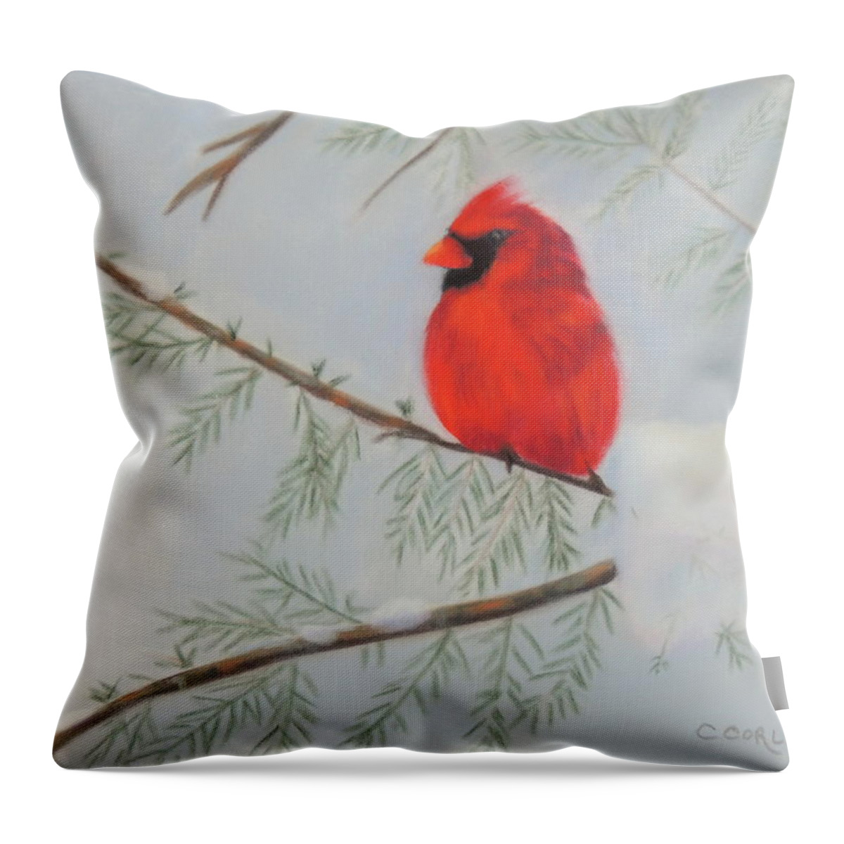 Bird Throw Pillow featuring the pastel Winter Cardinal by Carol Corliss