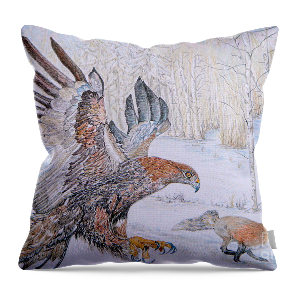 Winter Chase Throw Pillow featuring the drawing Winter Chase by Yvonne Johnstone