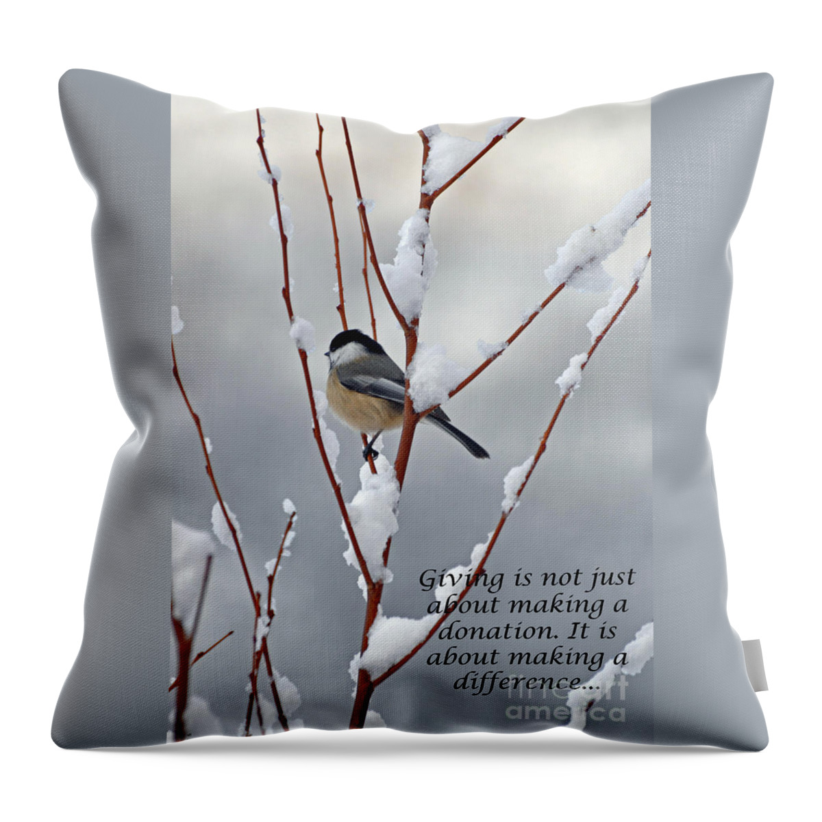 Diane Berry Throw Pillow featuring the photograph Winter Chickadee Giving by Diane E Berry