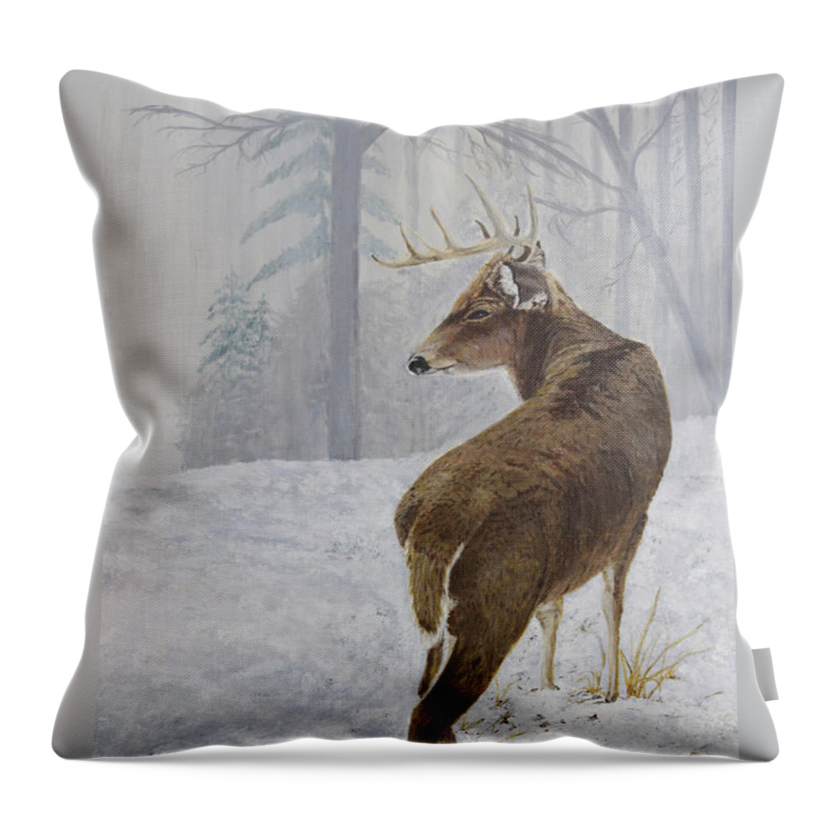 North American Wildlife Throw Pillow featuring the painting Winter Coat Buck by Johanna Lerwick