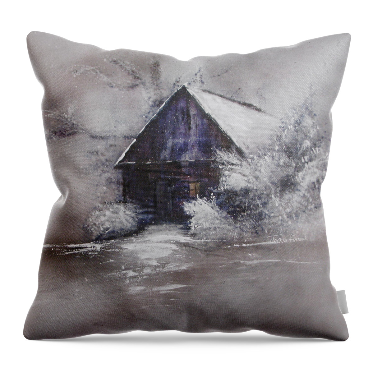 Canvas Prints Throw Pillow featuring the painting Winter Cottage by Jackie Flaten