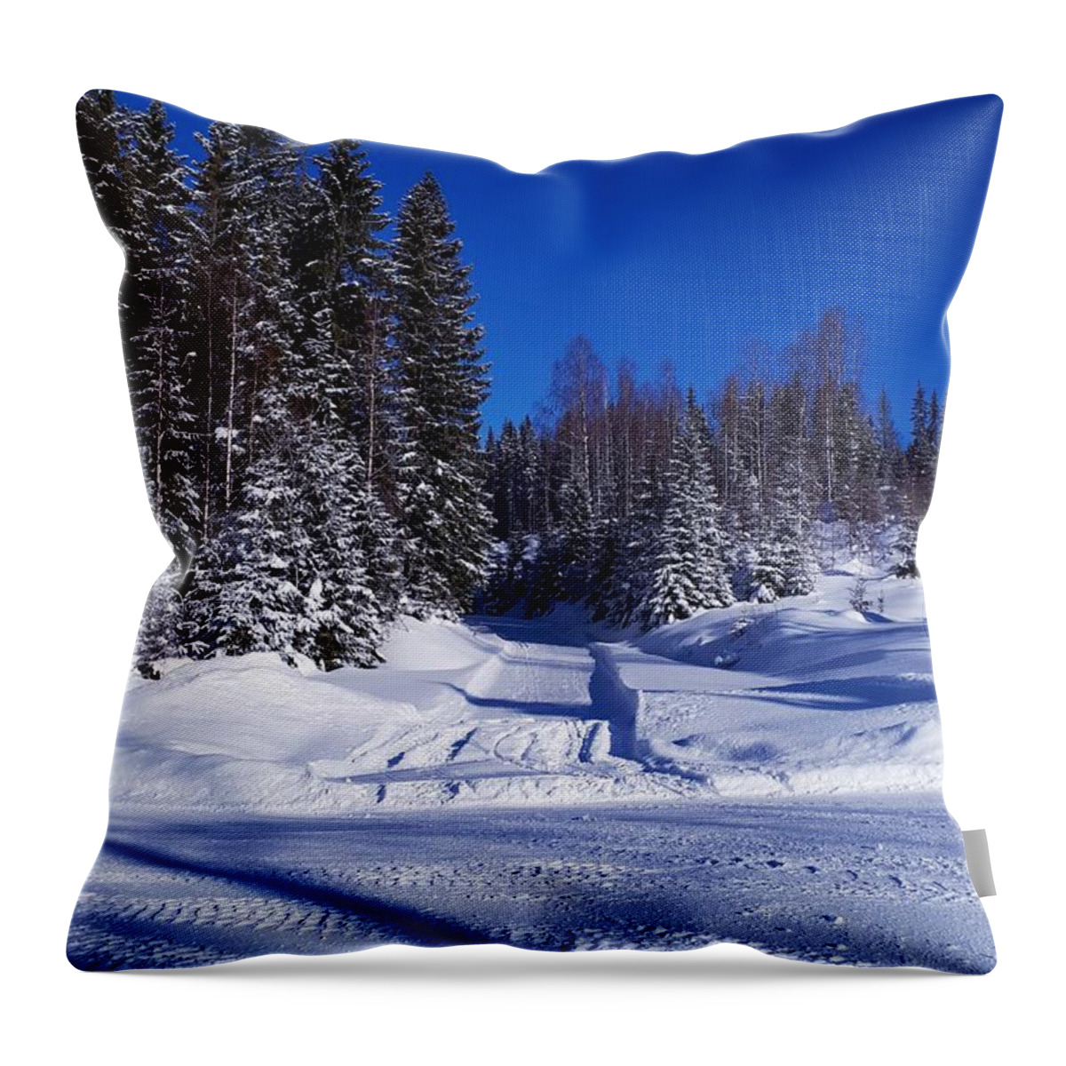 Winter Landscape Countryside Norway Scandinavia Europe Outdoors Nature Landscape Trees View Forrest Woods Countryside Snow Winter Countryroad Snow Blue Sky Trees White Green  Throw Pillow featuring the digital art Winter day by Jeanette Rode Dybdahl