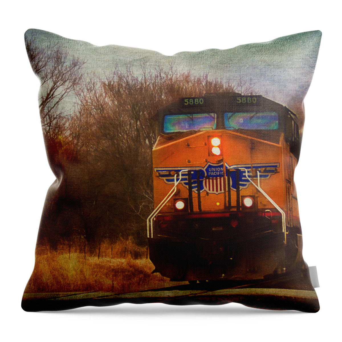 Union Pacific Throw Pillow featuring the photograph Winter Evening Union Pacific Train by Anna Louise