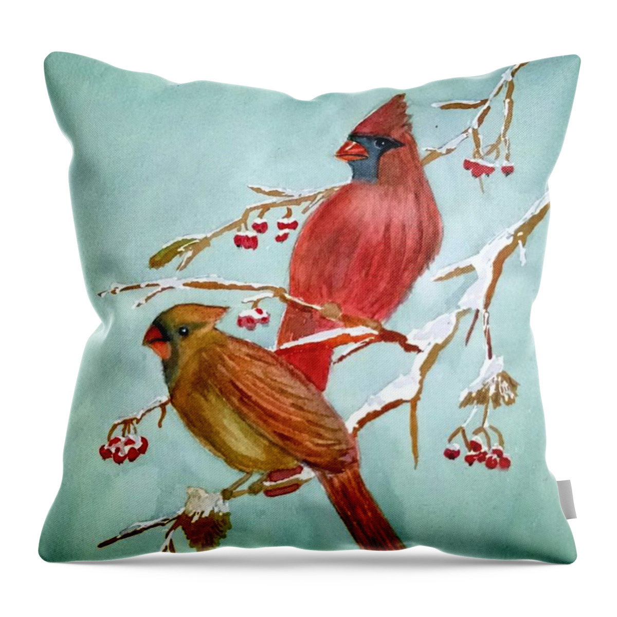 Winter Throw Pillow featuring the painting Winter Friends by Sue Carmony
