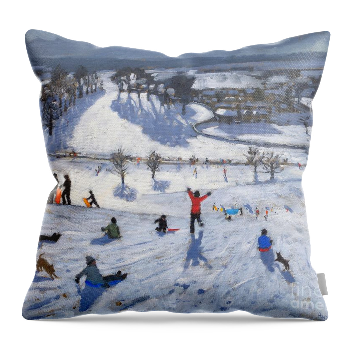 Winter Fun Throw Pillow featuring the painting Winter Fun by Andrew Macara