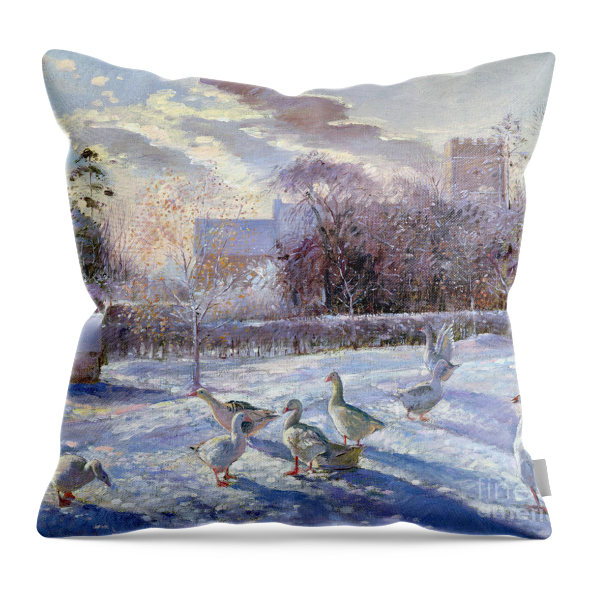 Goose; Snow; Tower; Geese; Trees; Landscape; Winter Throw Pillow featuring the painting Winter Geese in Church Meadow by Timothy Easton