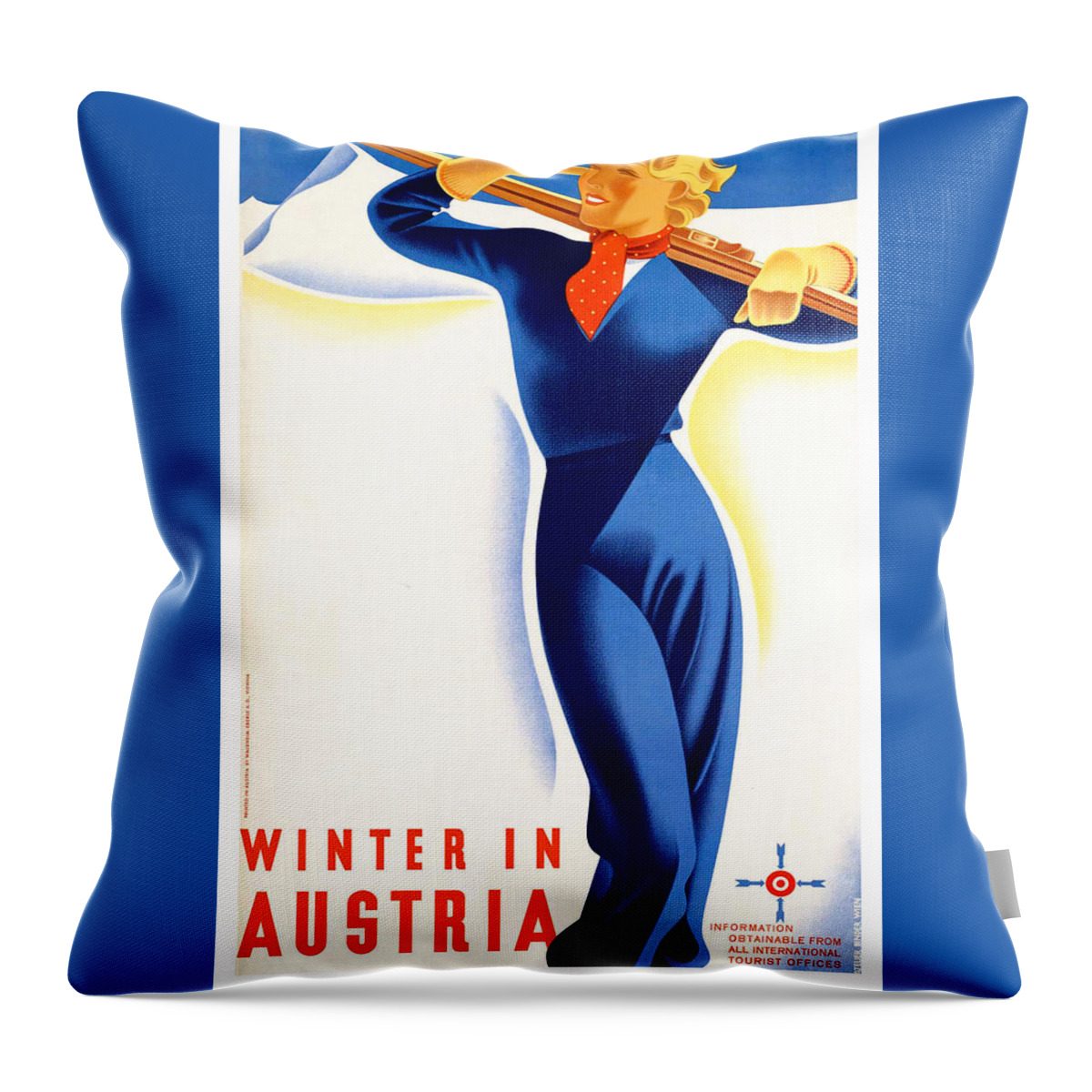 Winter Throw Pillow featuring the painting Winter in Austria, Alps, ski girl, travel poster by Long Shot