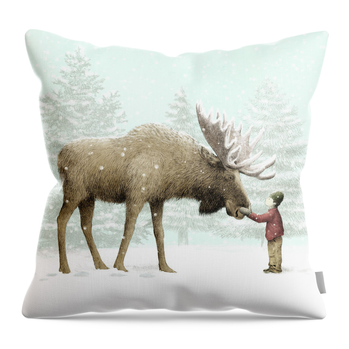 Moose Throw Pillow featuring the drawing Winter Moose by Eric Fan