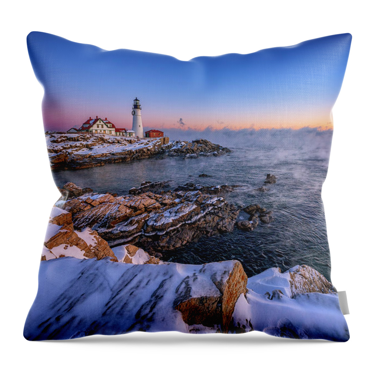Portland Head Lighthouse Throw Pillow featuring the photograph Winter Morning at Portland Head Lighthouse by Rick Berk