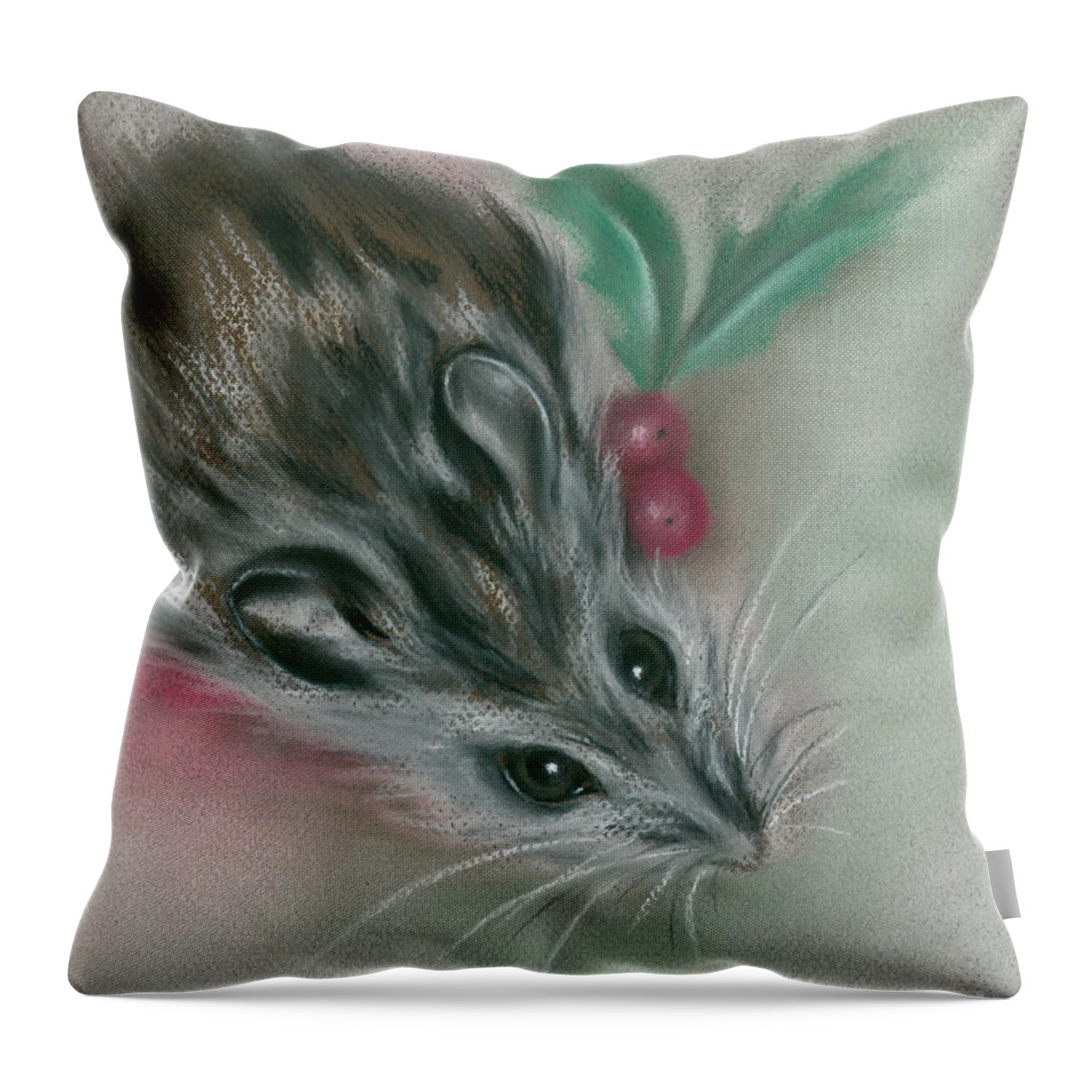 Animal Throw Pillow featuring the painting Winter Mouse with Holly by MM Anderson