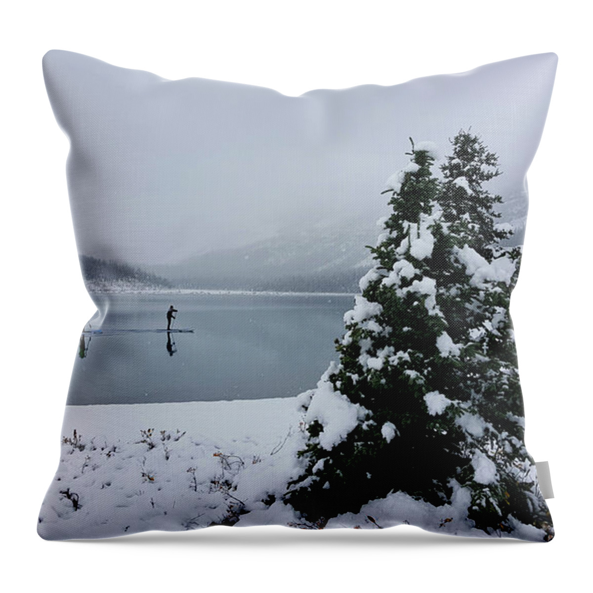 Bow Lake Throw Pillow featuring the photograph Winter Paddleboarding by William Slider