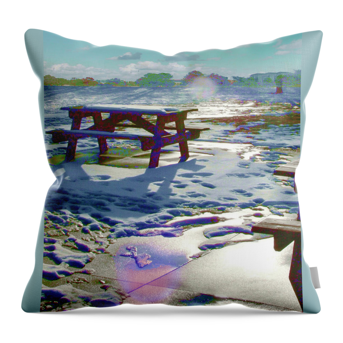 Winter Throw Pillow featuring the digital art Winter Park Bench by Rod Whyte