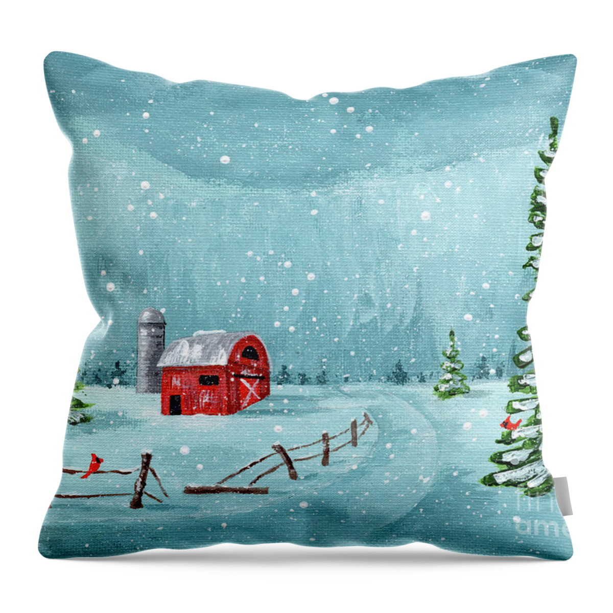 Winter Throw Pillow featuring the painting Winter Red Barn by Annie Troe
