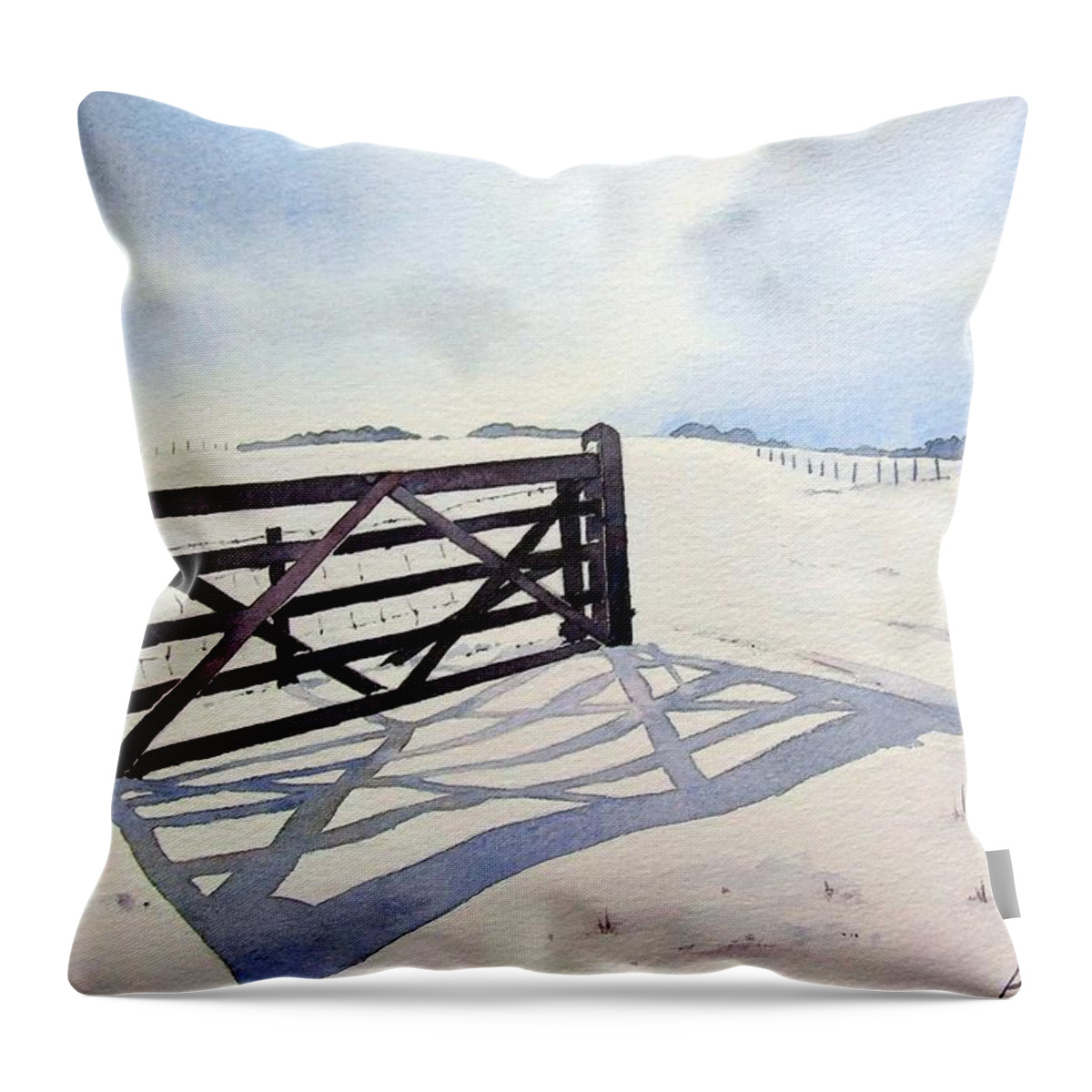 Landscape Throw Pillow featuring the painting Winter Scene with Gate by Paul Dene Marlor